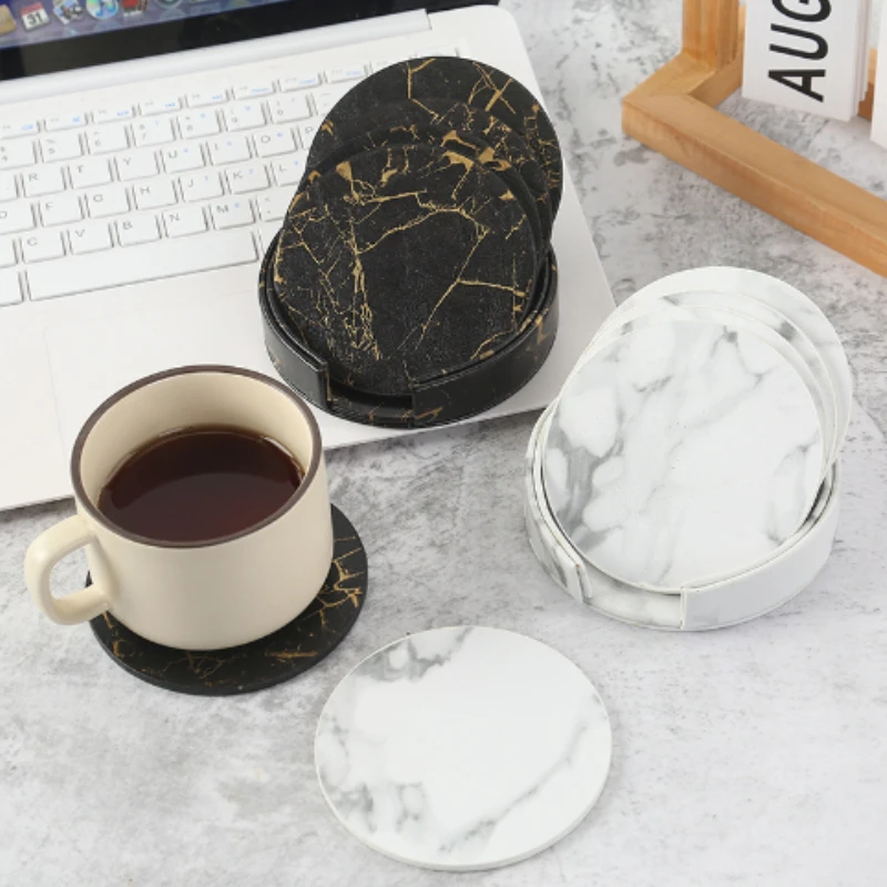 Marble Coaster Set - 6 Stück Marmor-Untersetzer aus Kunstleder, 10